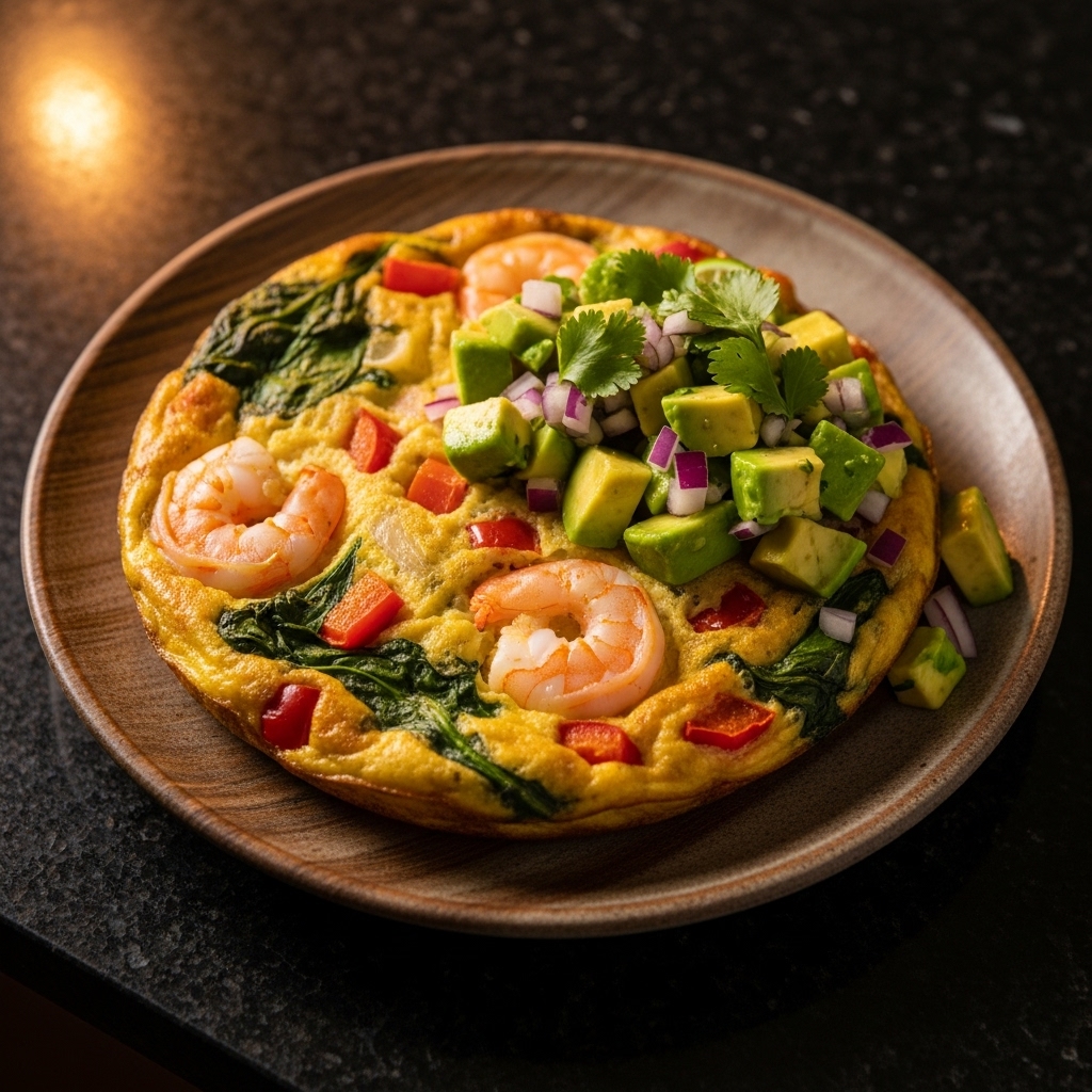 Keto Spanish Brunch: Mediterranean Shrimp Frittata with Avocado Salsa