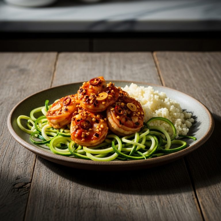 Keto Spanish Dinner: Spicy Tomato Garlic Shrimp with Cauliflower Rice & Zucchini Noodles