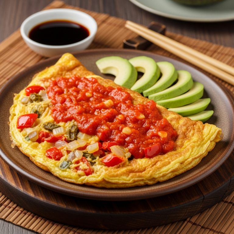 Keto Spanish Omelette with Spicy Tomato Sauce and Avocado Slices