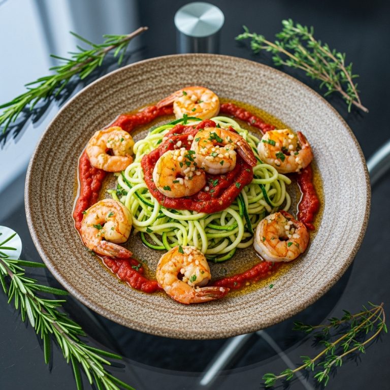 Keto Spanish Tapas: Garlic Shrimp, Zucchini Noodles, and Roasted Red Pepper Sauce