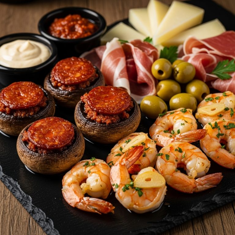 Keto Spanish Tapas Platter with Chorizo-Stuffed Mushrooms and Garlic Shrimp