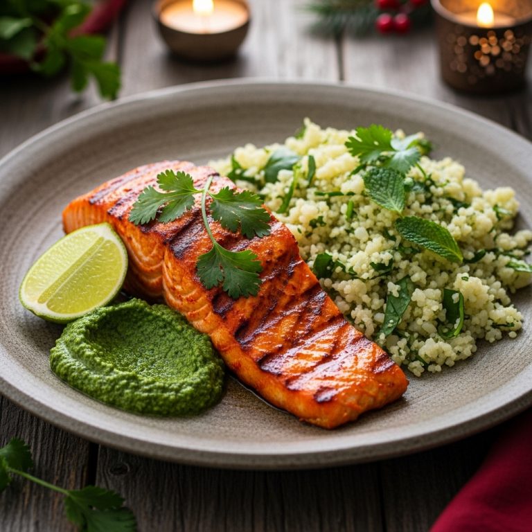 “Keto Tandoori Salmon With Cauliflower Rice and Spinach Pesto”