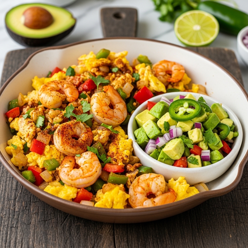 Keto Tex-Mex Brunch Skillet: Spicy Shrimp Scramble & Avocado Salsa