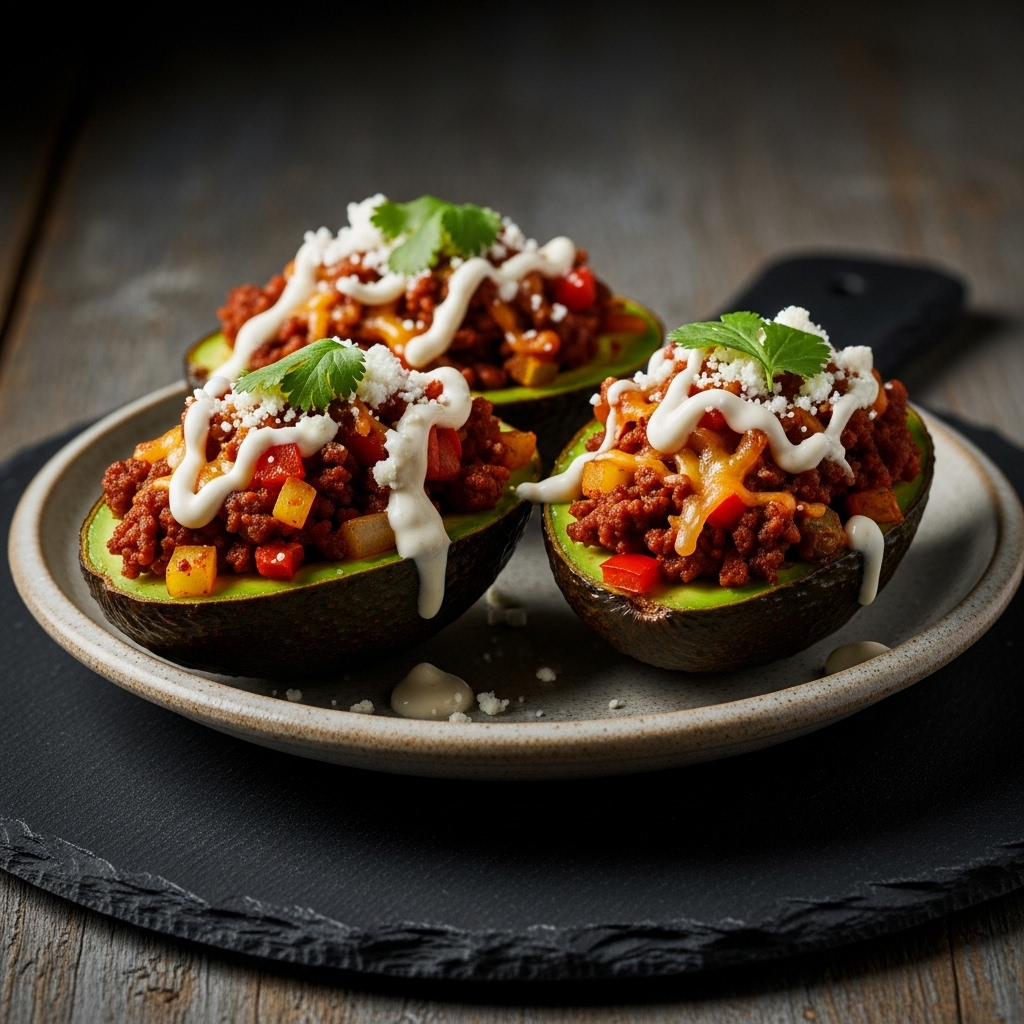 Keto Tex-Mex Stuffed Avocado Boats with Smoky Chipotle Lime Crema