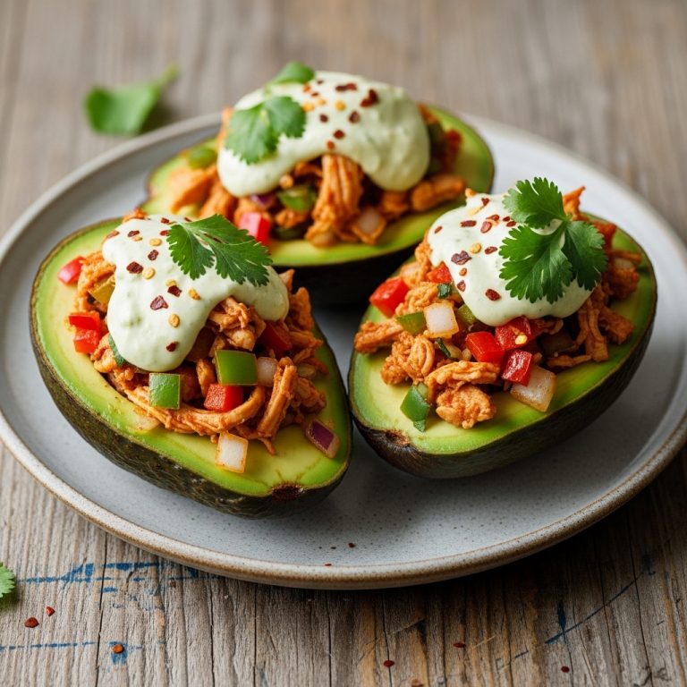 Keto Tex-Mex Stuffed Avocado Boats with Spicy Chicken and Creamy Lime Sauce