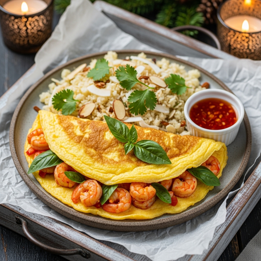Keto Thai Breakfast Delight: Spicy Shrimp Omelette with Coconut-Almond Rice and Fresh Herbs