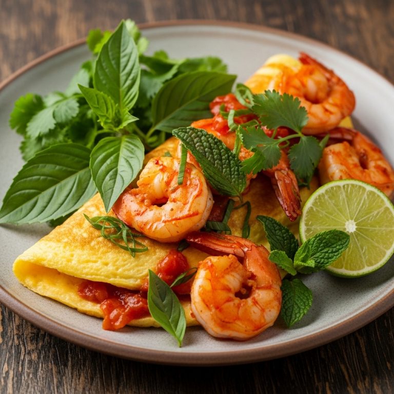 Keto Thai Breakfast Omelette with Spicy Coconut Shrimp & Fresh Herbs