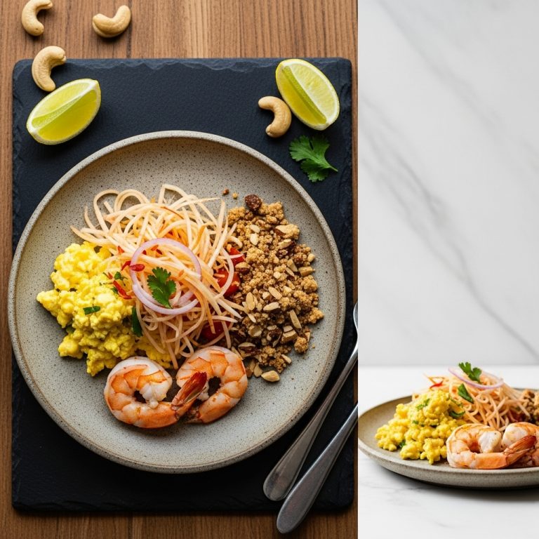 Keto Thai Brunch: Coconut Shrimp Scramble with Spicy Papaya Salad and Almond-Cashew Crumble