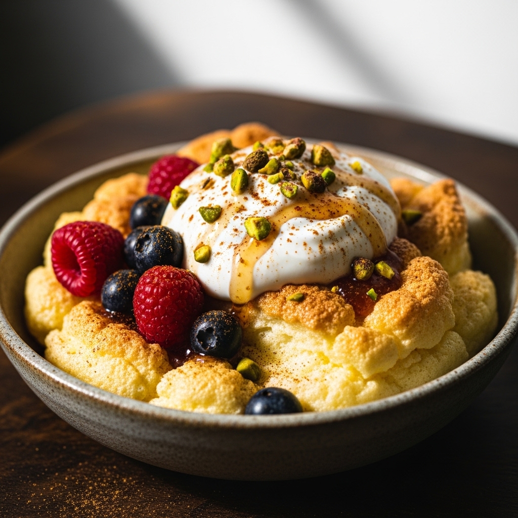 Keto Turkish Brunch Delight: Baklava-Inspired Cloud Bread Pudding with Greek Yogurt and Spiced Berries