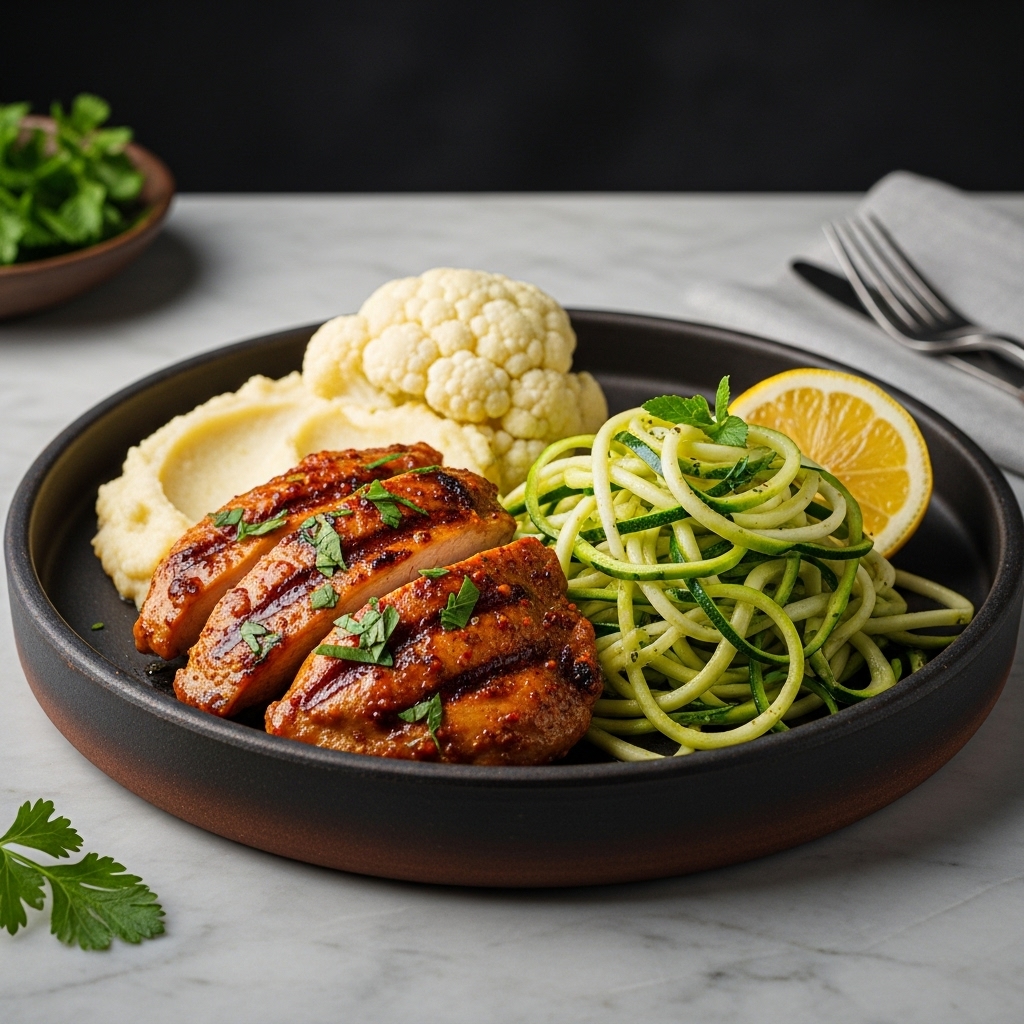 Keto Turkish Dinner: Spicy Grilled Chicken, Garlic Cauliflower Mash, and Lemon Herb Zucchini Noodles