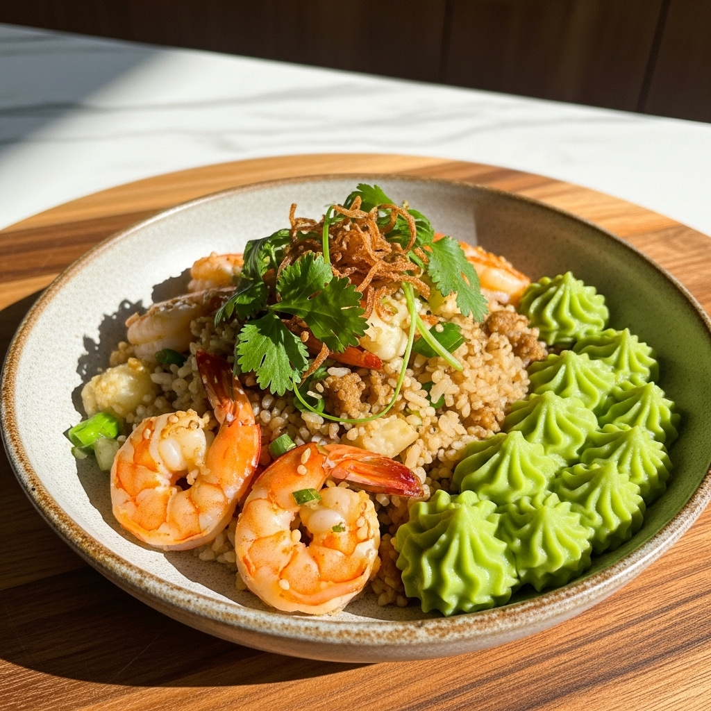 Keto Vietnamese Brunch Bowl: Shrimp & Cauliflower Fried Rice with Avocado Mousse