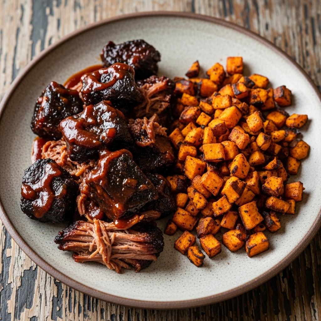 Kickin’ BBQ Brisket Burnt Ends with Smoky Sweet Potato Hash
