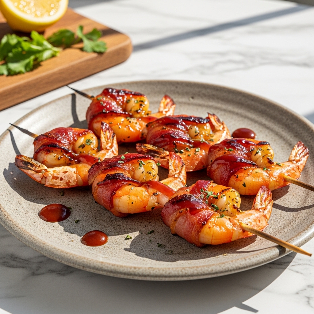 Kickin’ BBQ Smokehouse Bacon Wrapped Shrimp Skewers
