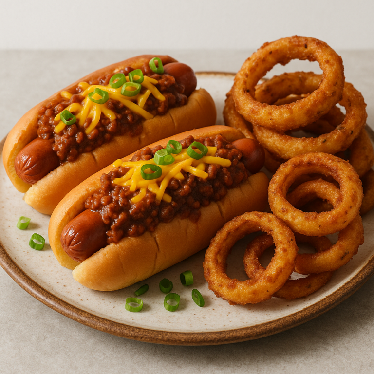 Kickin’ Chili Cheese Dogs with Smoky Onion Rings