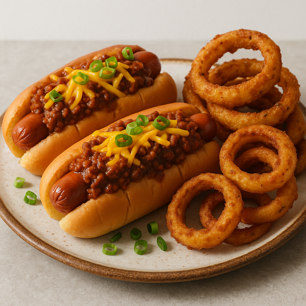 Kickin’ Chili Cheese Dogs with Smoky Onion Rings
