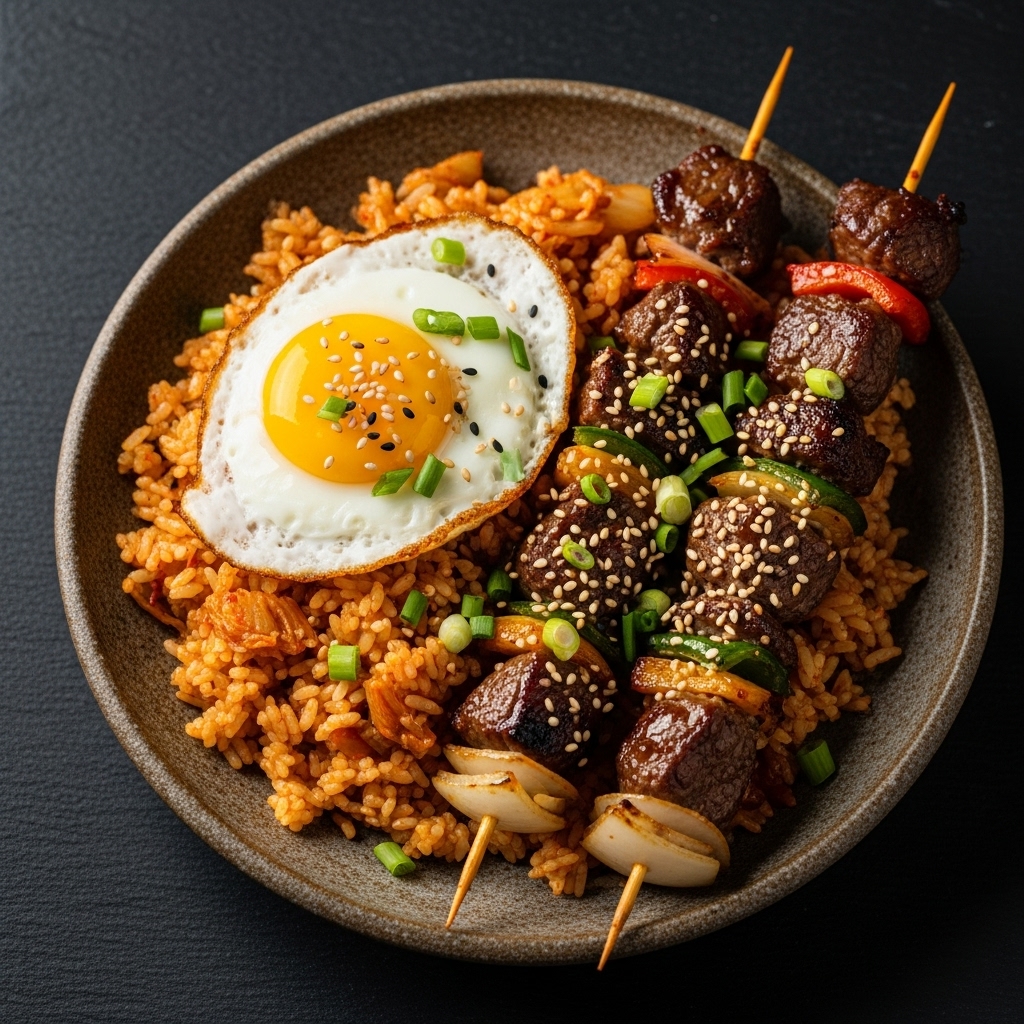 Kimchi Fried Rice and Bulgogi Beef Skewers Korean Breakfast Feast