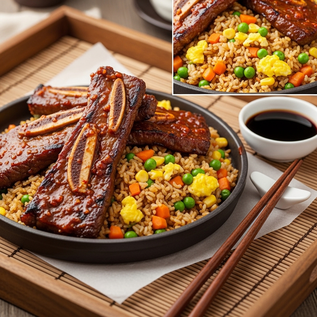 Korean BBQ Beef Ribs with Spicy Garlic Soy Sauce & Mixed Vegetable Fried Rice