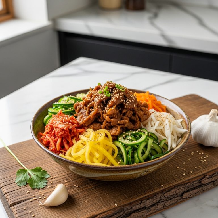 Korean Breakfast Bowl with Spicy Bulgogi and Pickled Vegetables