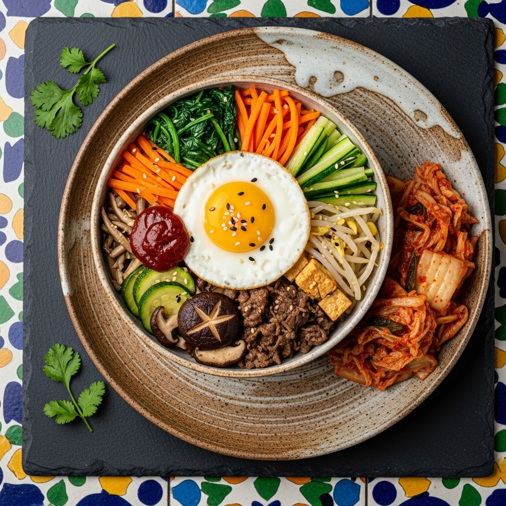 Korean Breakfast Delight: Bibimbap Bowl with Fried Egg and Kimchi