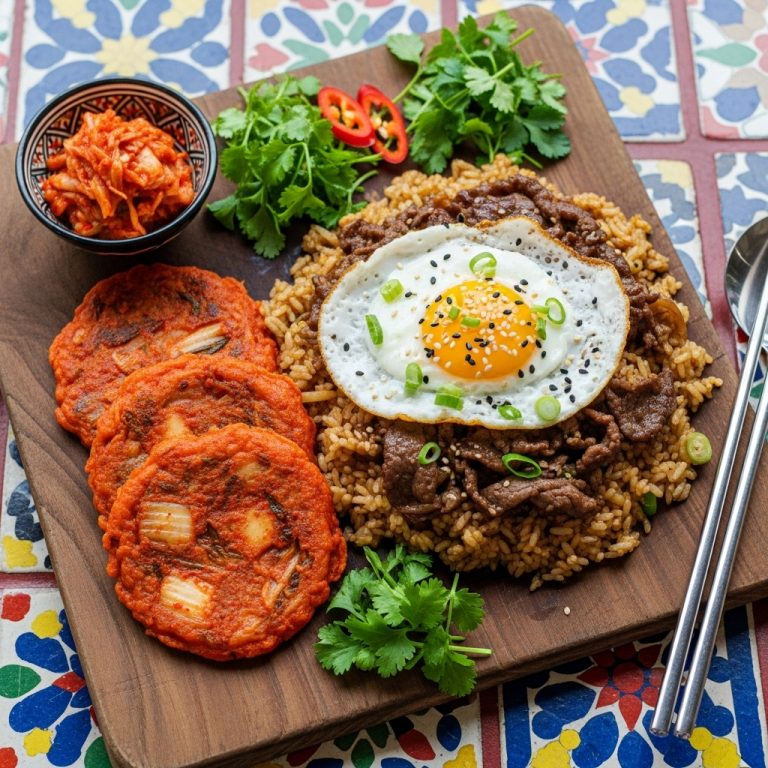“Korean Breakfast Feast: Savory Bulgogi Fried Rice & Kimchi Pancakes”