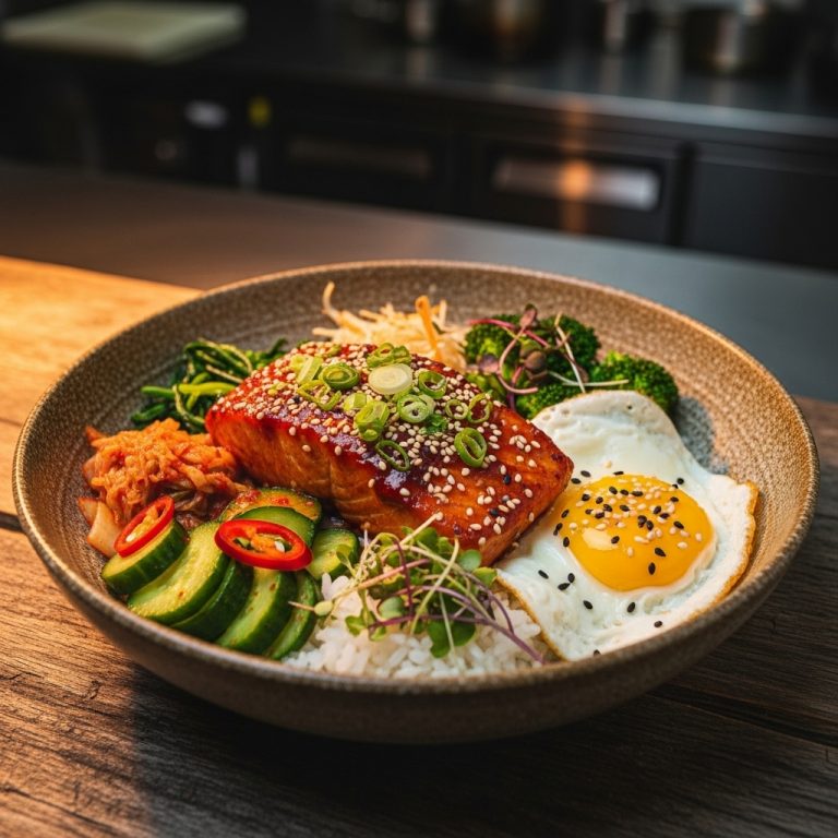 Korean Brunch Bowl with Spicy Gochujang Salmon and Cucumber Kimchi