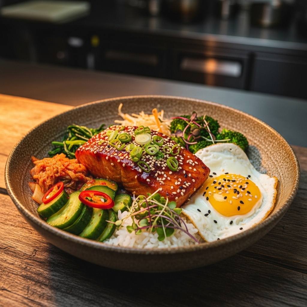 Korean Brunch Bowl with Spicy Gochujang Salmon and Cucumber Kimchi