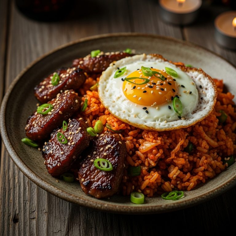 Korean Brunch Delight: Spicy Kimchi Fried Rice with Crispy Bulgogi Bites