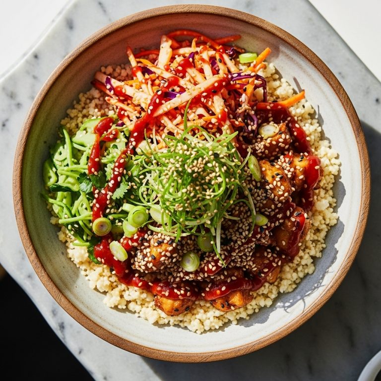 Korean Cauliflower Rice Bowl with Spicy Slaw and Sesame Chicken