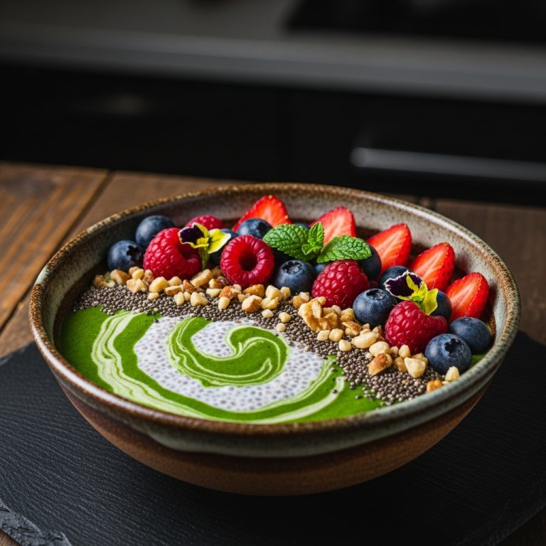 Korean Energy Breakfast Bowl: Chia Pudding, Berries, Nuts & Green Smoothie
