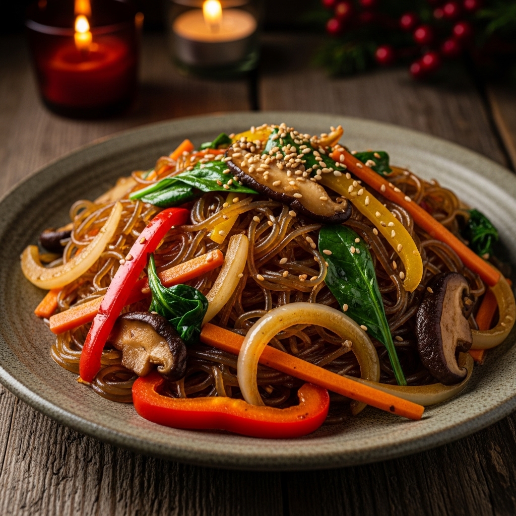 Korean Gluten-Free Spicy Stir-Fried Glass Noodles (Japchae) with Seasonal Vegetables