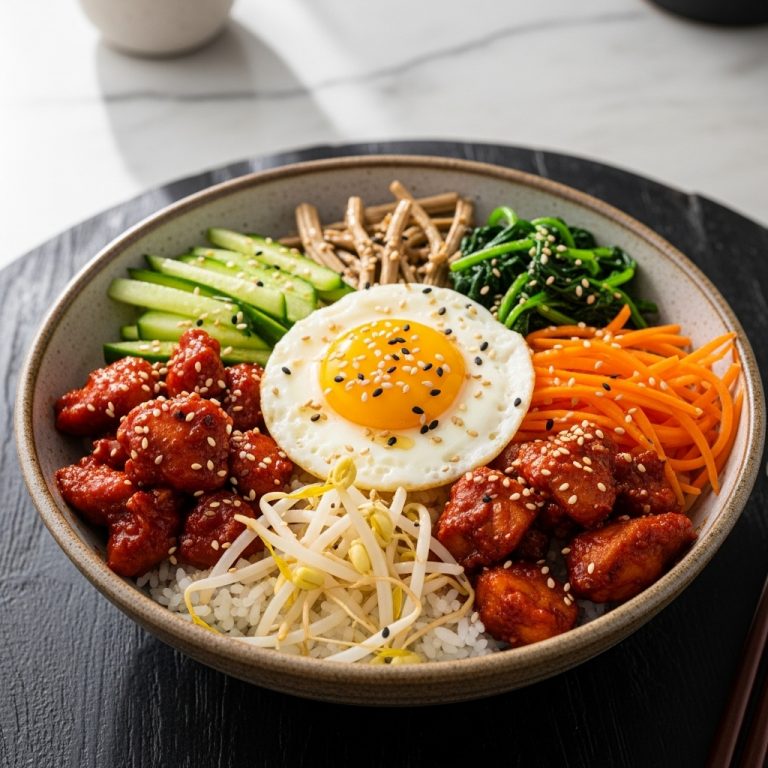 Korean Rice Bowl with Spicy Gochujang Chicken and Fresh Veggies