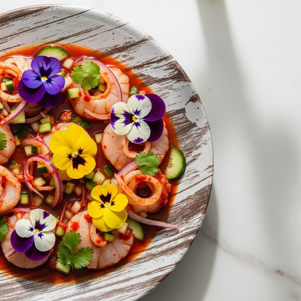 Korean Spicy Scallop Ceviche With Edible Flowers