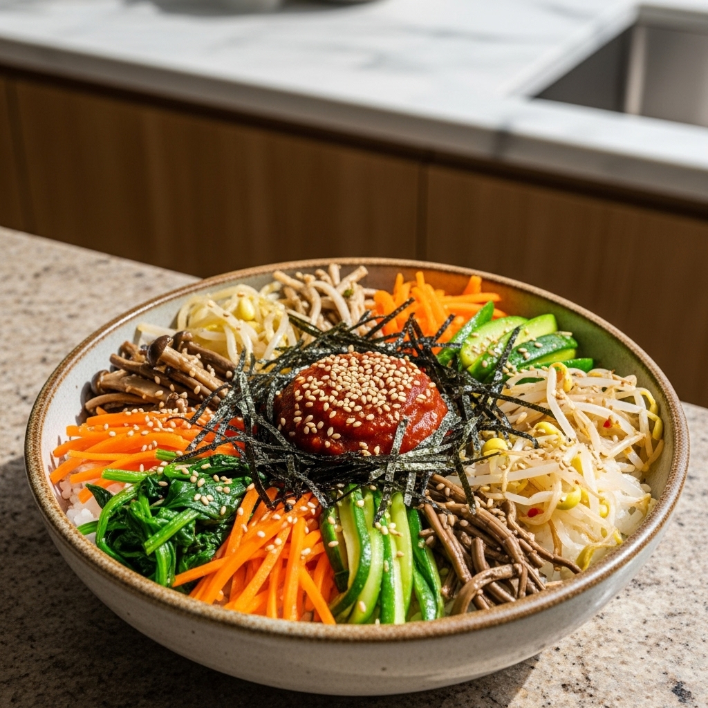 Korean Vegan Bibimbap Bowl: A Scrumptious Fusion of Flavors and Textures