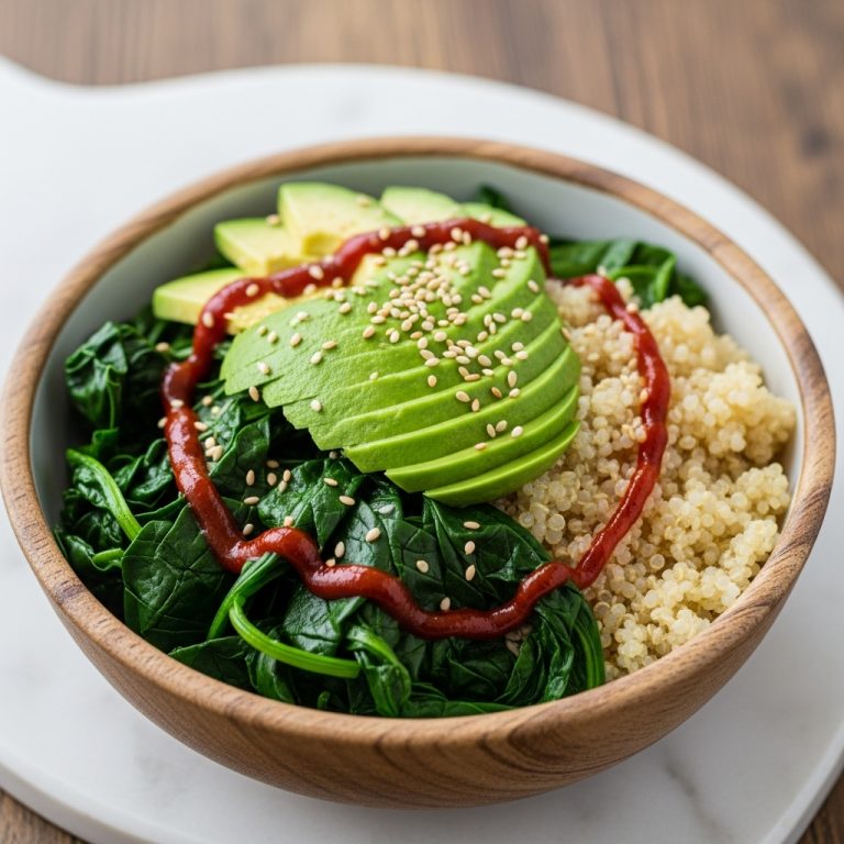 Korean Vegan Lunch Bowl with Quinoa, Spinach, and Avocado