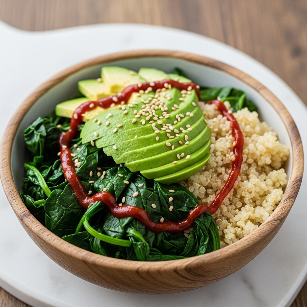 Korean Vegan Lunch Bowl with Quinoa, Spinach, and Avocado