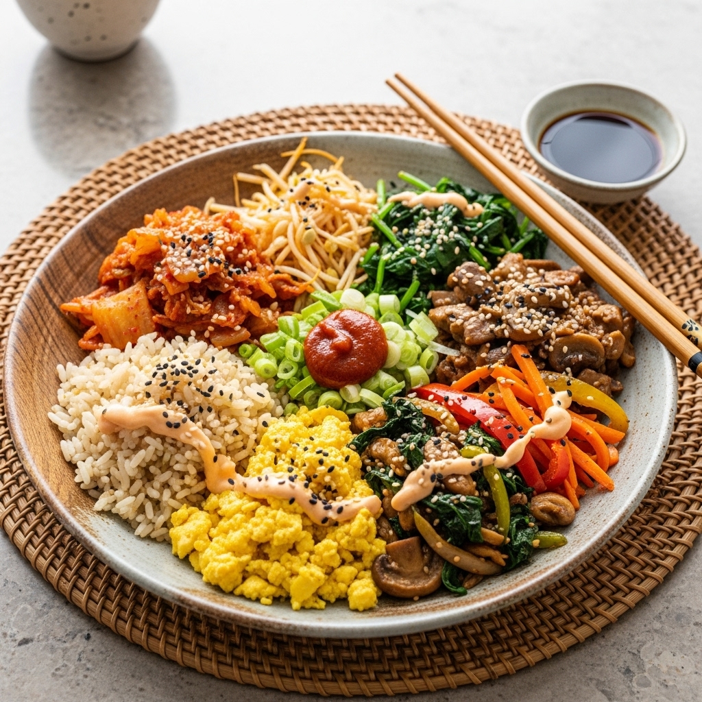 Korean Vegetarian Brunch Bowl: Deconstructed Kimchi Fried Rice & Veggie Bulgogi