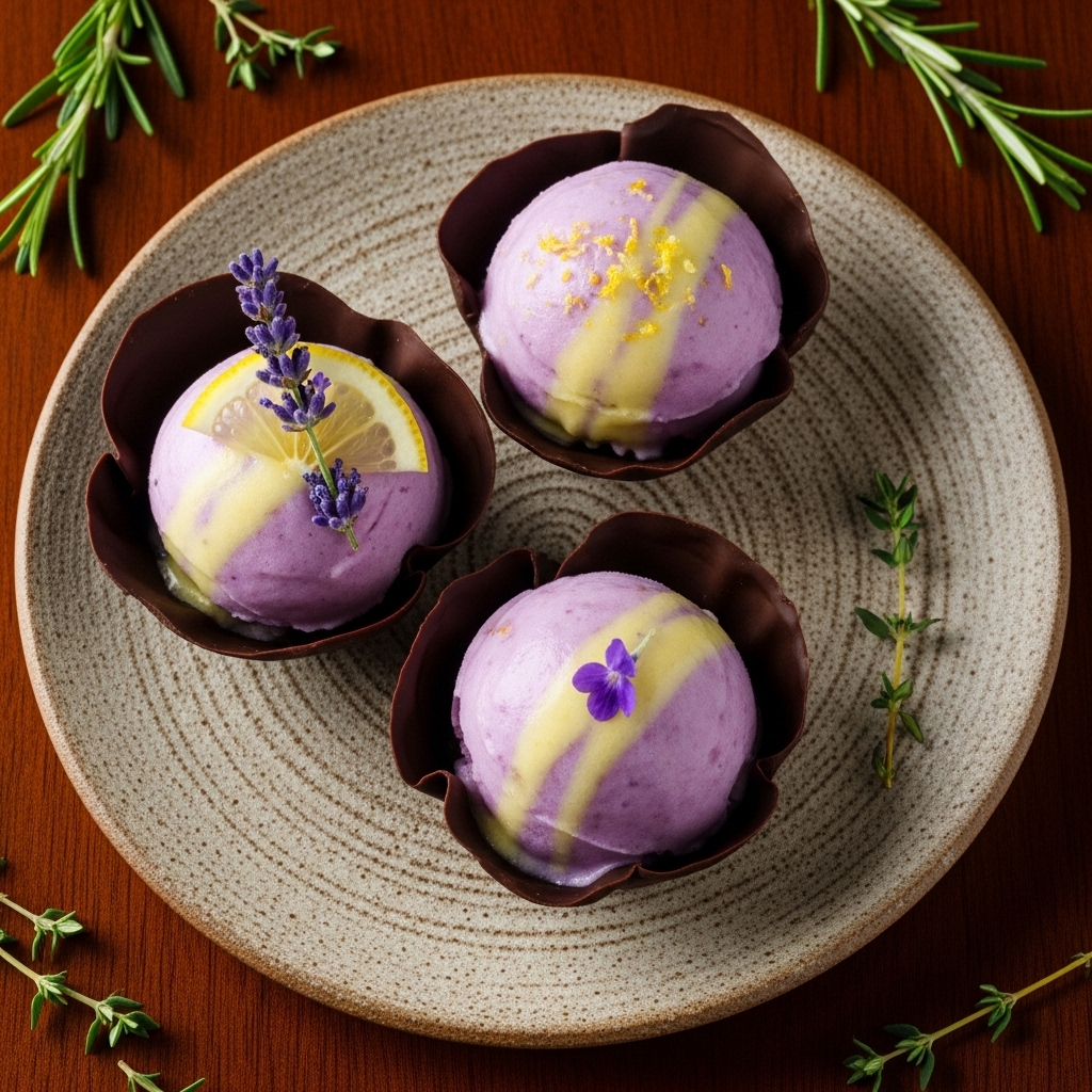 Lavender Lemon Sorbet Tartlets in Chocolate Cups