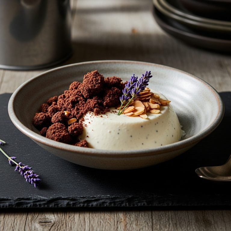 Lavender-infused Coconut Panna Cotta with Chocolate Almond Crumble