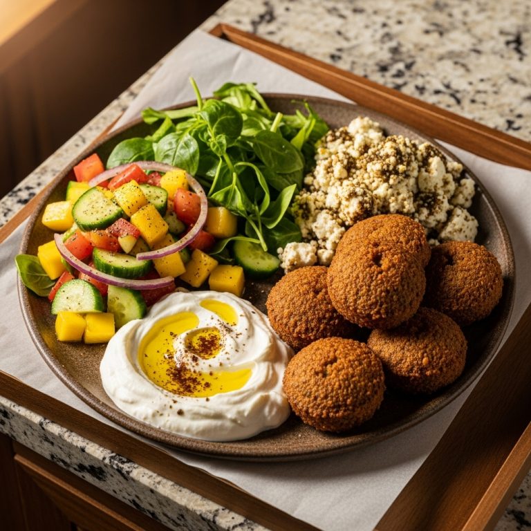Lebanese Breakfast Feast: Delightful Falafel, Labneh, Zaatar-Infused Feta Cheese, and Mango-Cucumber Salad