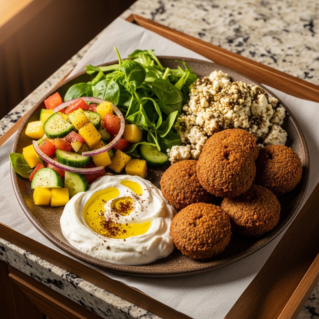 Lebanese Breakfast Feast: Delightful Falafel, Labneh, Zaatar-Infused Feta Cheese, and Mango-Cucumber Salad