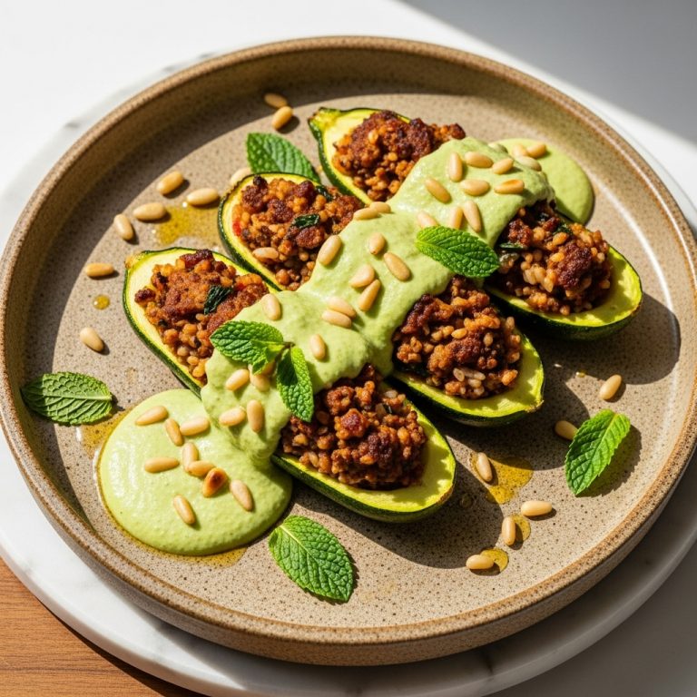 Lebanese Gluten-Free Stuffed Zucchini Boats with Mint and Pine Nut Sauce