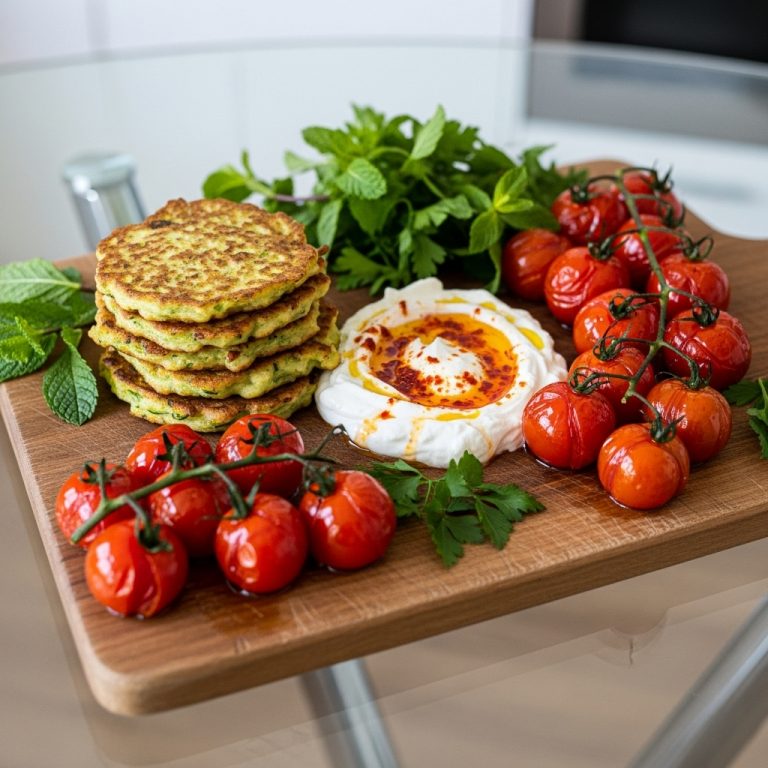 Lebanese Keto Breakfast Feast: Zucchini Fritters with Spicy Labneh & Roasted Tomatoes