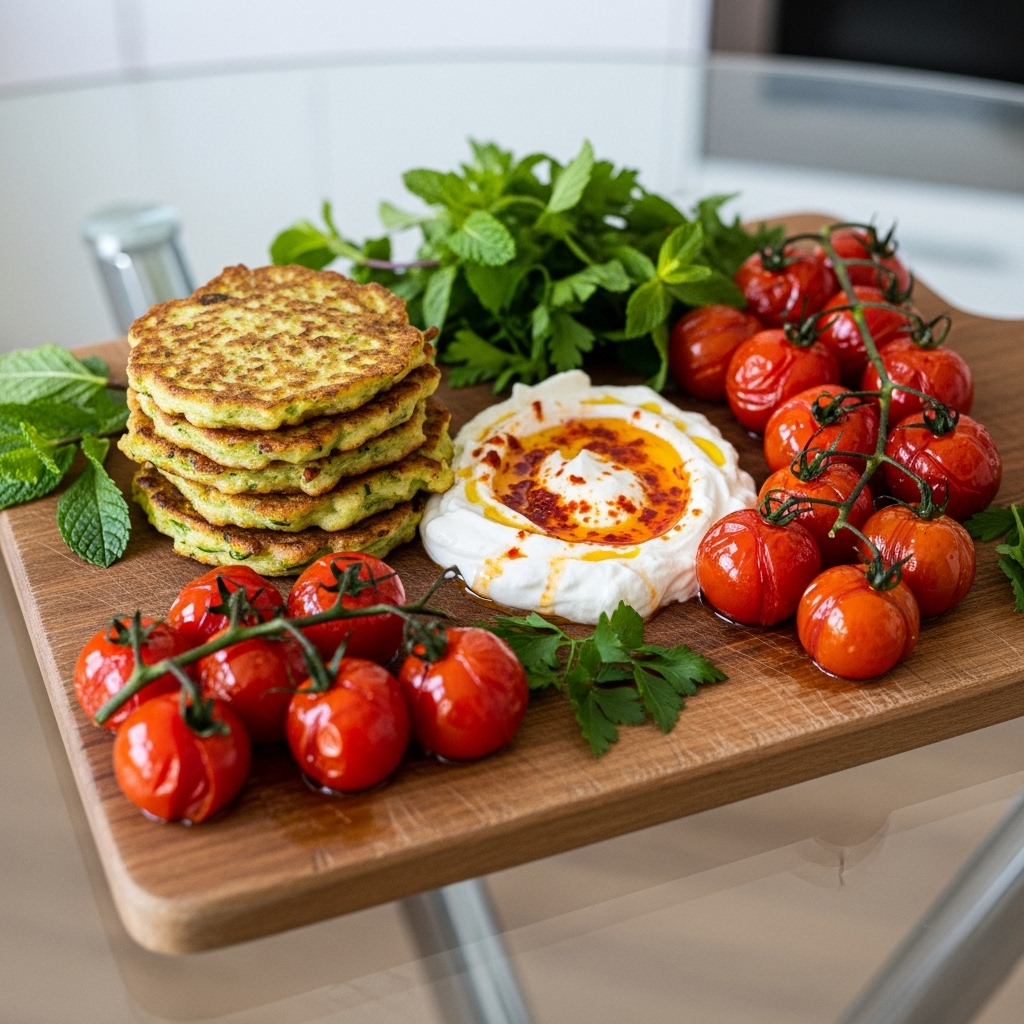Lebanese Keto Breakfast Feast: Zucchini Fritters with Spicy Labneh & Roasted Tomatoes