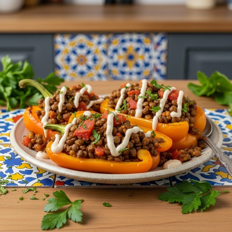 Lebanese Lentil Stuffed Bell Peppers with Tahini Dressing – Vegan & Easy!