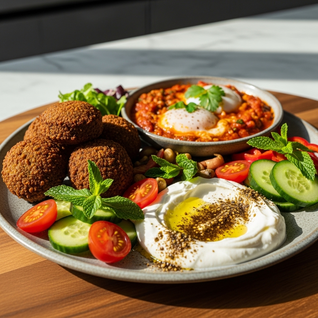 Lebanese Paleo Brunch Platter: Delightful Falafel, Spicy Shakshuka, and Fresh Labneh – A Symphony of Flavors