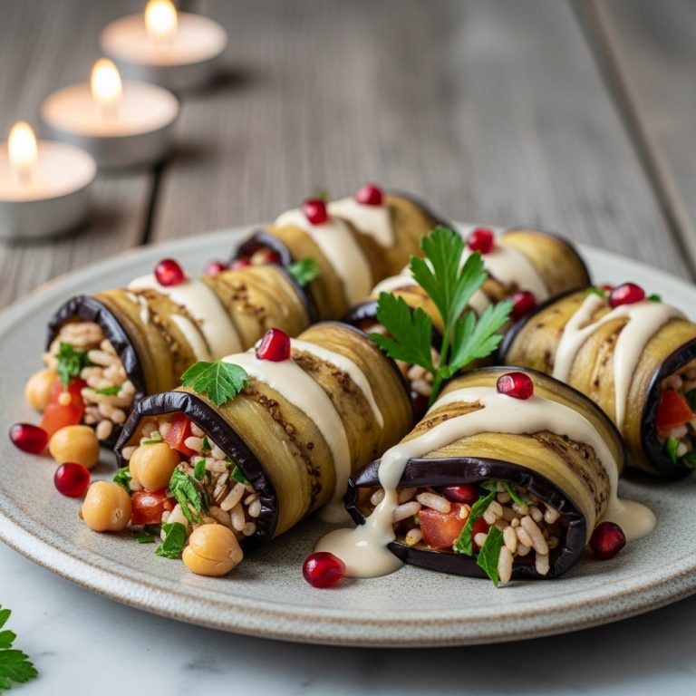 Lebanese Vegan Stuffed Eggplant Rolls with Tahini Drizzle