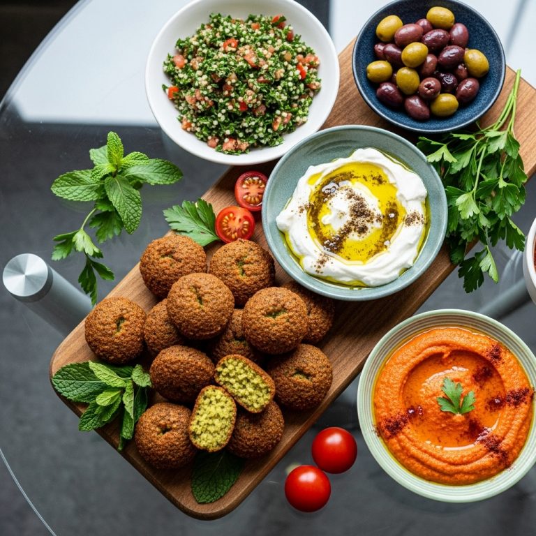 Lebanese Vegetarian Brunch Feast: Mouthwatering Falafel, Creamy Labne, and Herb-Infused Olive Oil