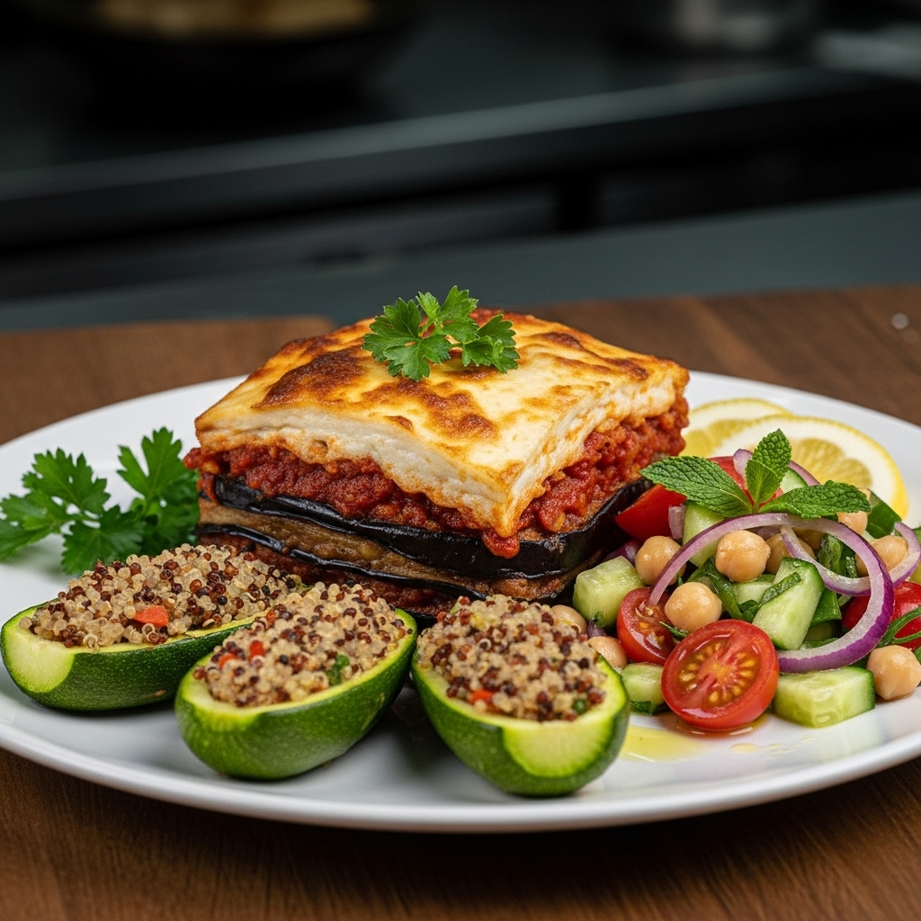 Lebanese Vegetarian Feast: Eggplant Moussaka, Chickpea Salad, and Quinoa-Stuffed Zucchini Boats