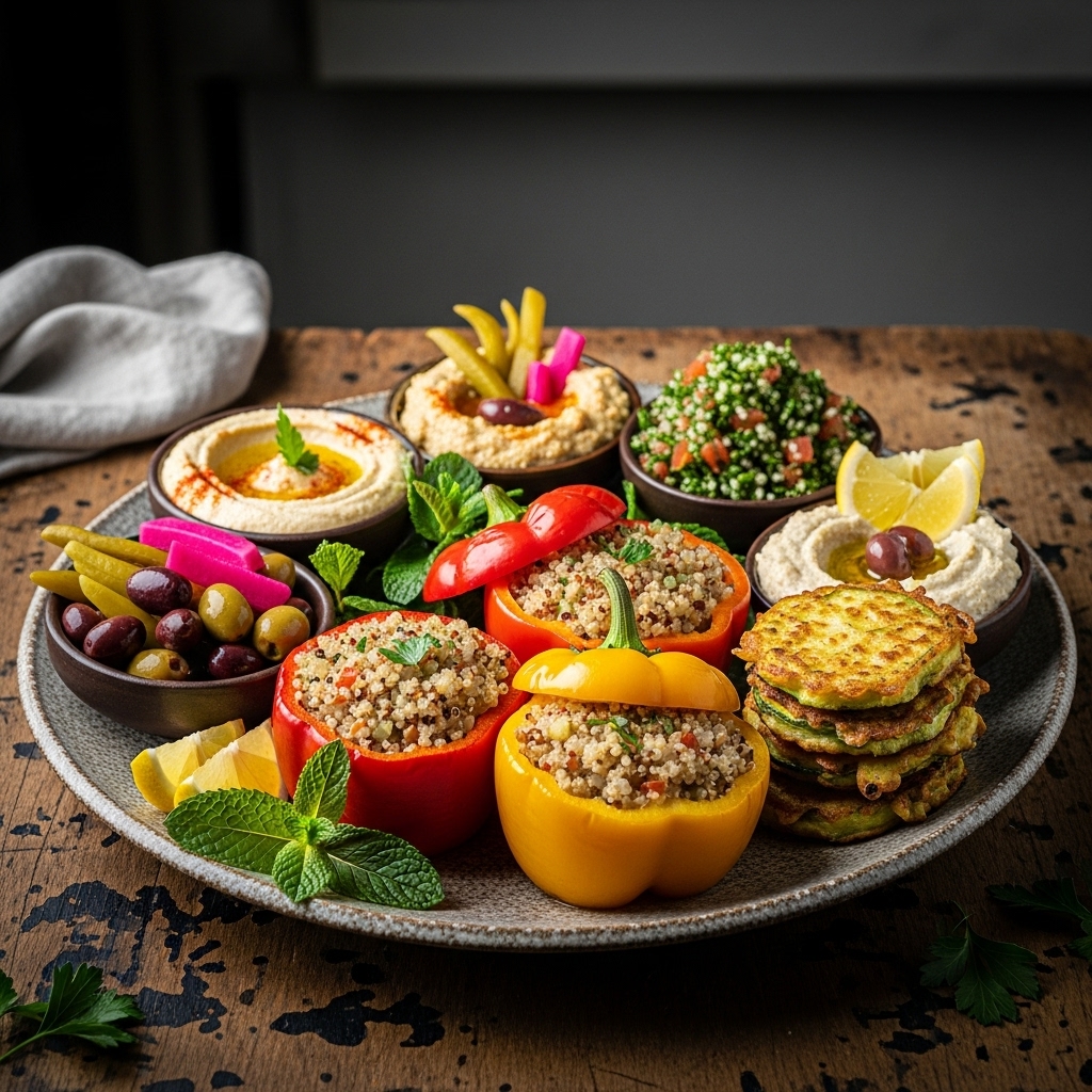 Lebanese Vegetarian Mezze Platter with Quinoa Stuffed Peppers & Zucchini Fritters