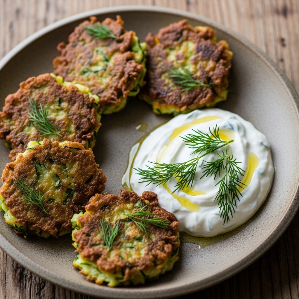 Lebanese Zucchini Fritters with Yogurt-Dill Sauce (Knafeh Bil Badran)